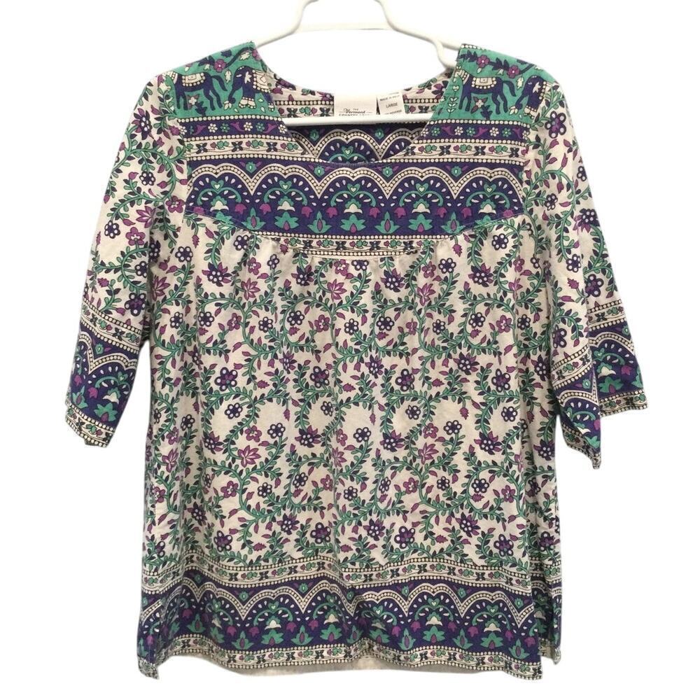 The Vermont Company Store Womens Short Sleeve Shirt Size L Blue Elephant Paisley